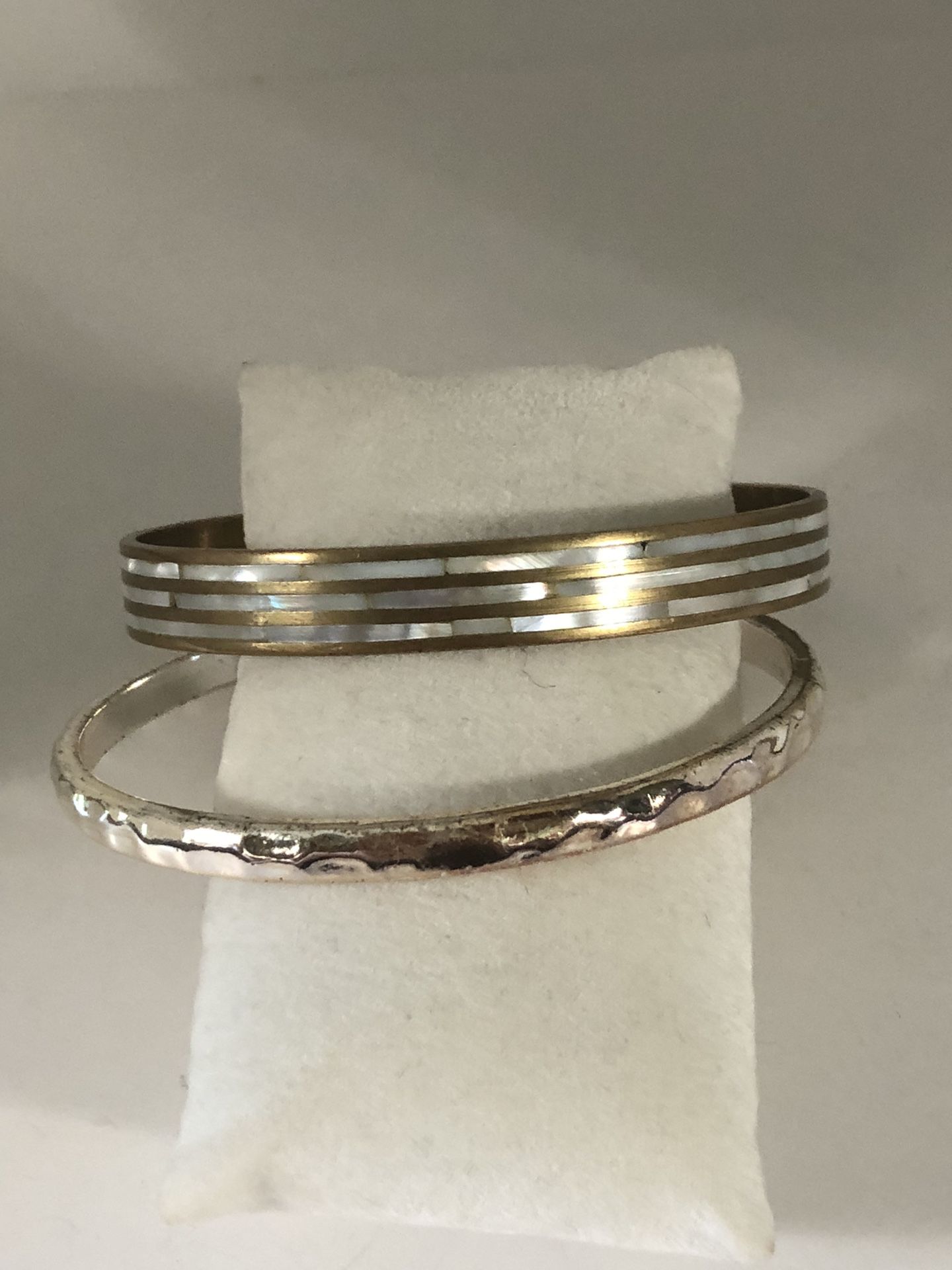 Two Bangle Bracelets Gold & Silver Tone Mother Of Pearl Stripes