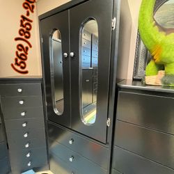 Black Tall Mirror Wardrobe Dresser Chest Closet Ropero 