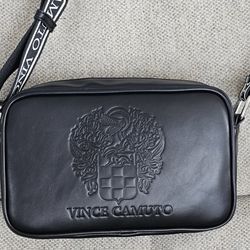 Vince Camuto Womens Black Logo Faux Leather Crossbody Handbag 