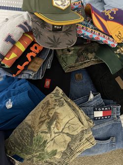 Vintage Clothes Lot Pants , Shorts , Shirts Button Ups , Hats And Belt With Buckle