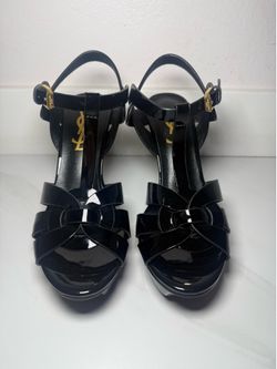 Saint Laurent Black Patent Leather Stiletto Sandals Open Toe T-Strap Buckle