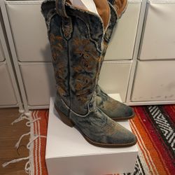 Denim Western Boots With Orange Stitching 