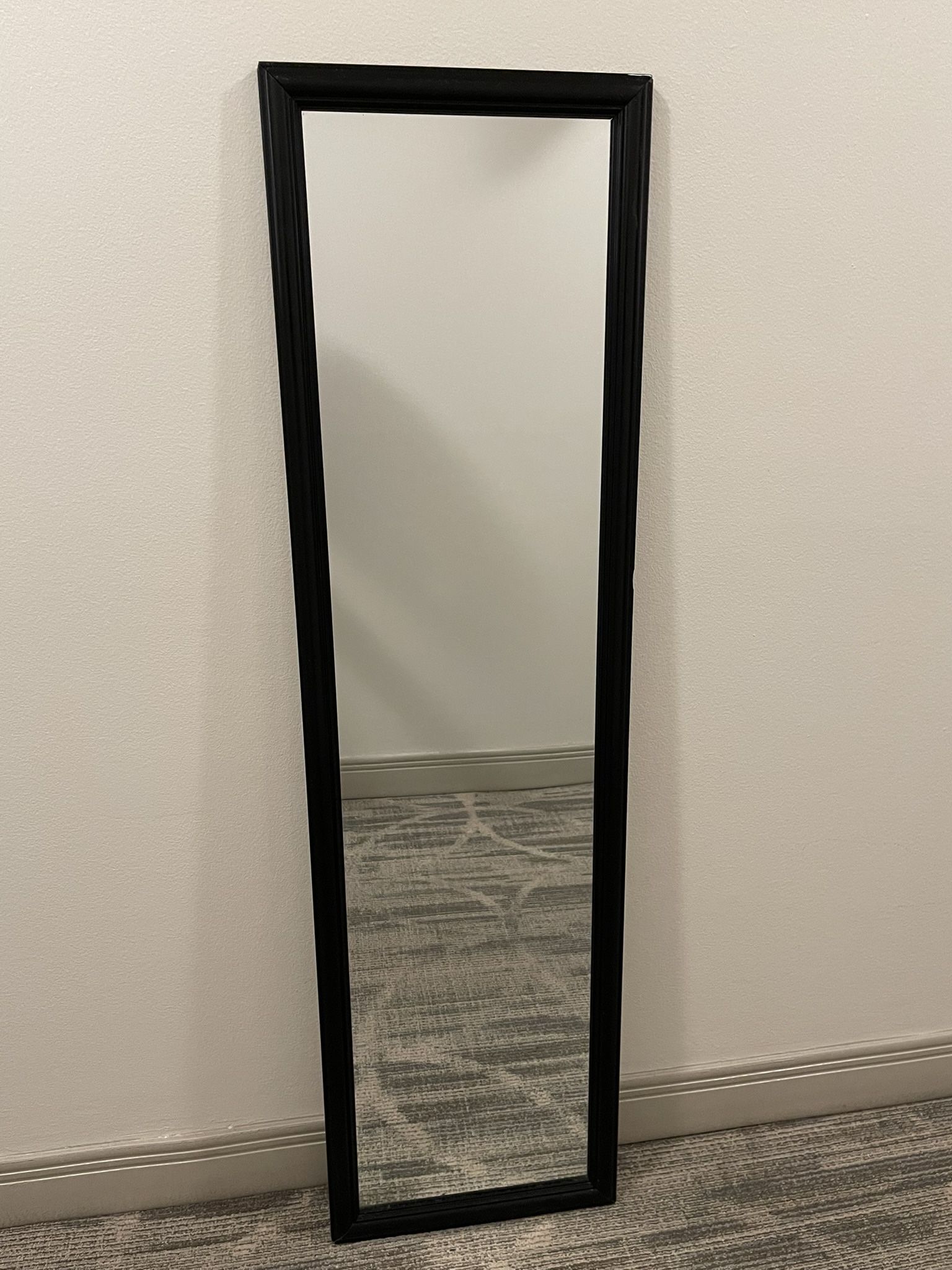 Black-Framed, Mid-Size (50.75"H x 13.5"W x .75"Thick) WALL MIRROR (pls. see all photos) - posted price is firm.
