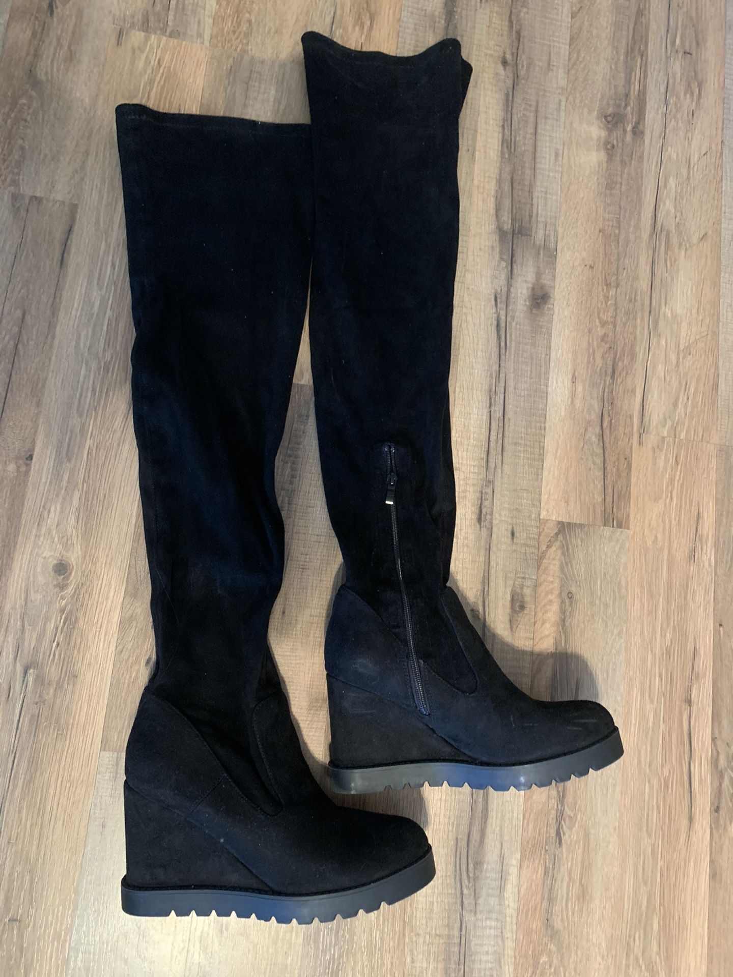 Black thigh high faux suede hidden wedge boots size 9