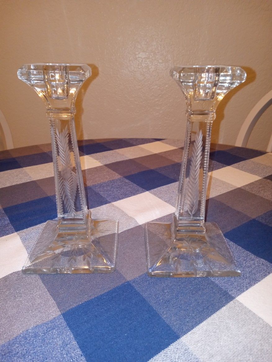 Vintage Etched Glass Candle Stick Holders.
