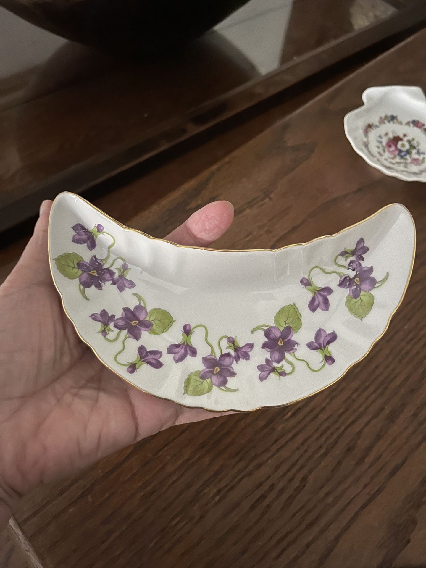 Vintage Antique 1960’s Old Nuremberg Bavaria Violet Crescent Shape Trinket Dish Bone China Handpainted