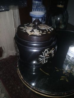 Vintage Asian Black laquar Caddy /Teapot Set