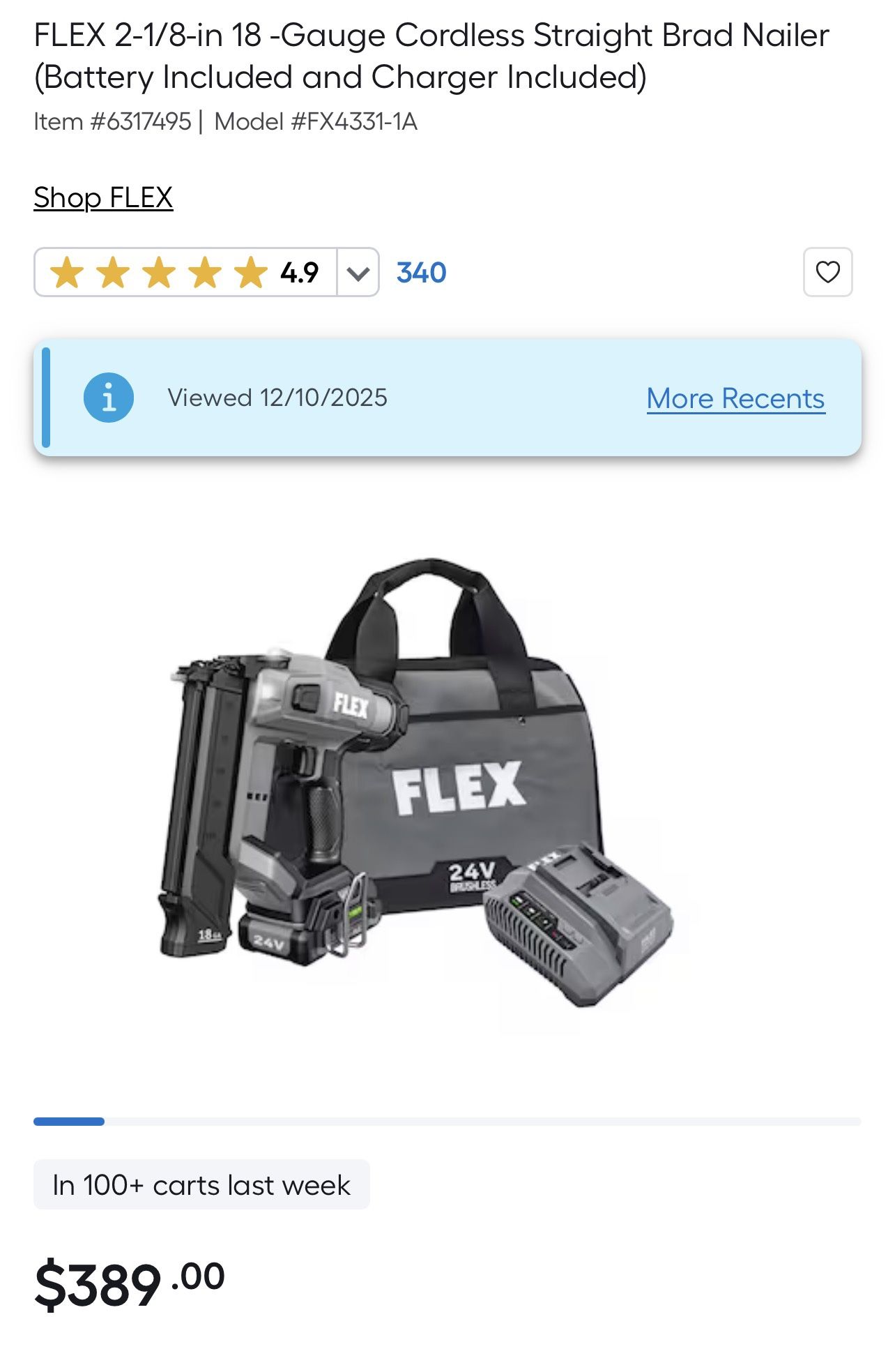 FLEX 2 1/8 in 18 Gauge Cordless Straight Brad Nailer (Battery Included and Charger Included) FX4331 1A