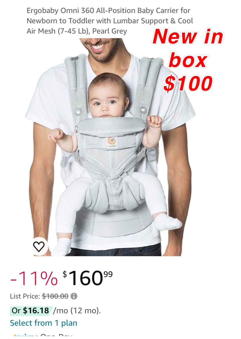 New in box Ergobaby Omni 360 All-Position Baby Carrier for Newborn to Toddler with Lumbar Support & Cool Air Mesh (7-45 Lb), Pearl Grey$100 firm new i