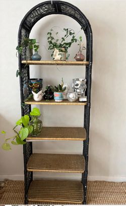 Vintage 70s arched wicker shelf : black and gold - boho style
