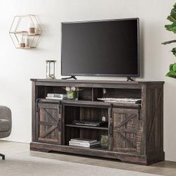 New OKD Farmhouse Wood TV Stand for TVs up to 65", Dark Rustic Oak Finish