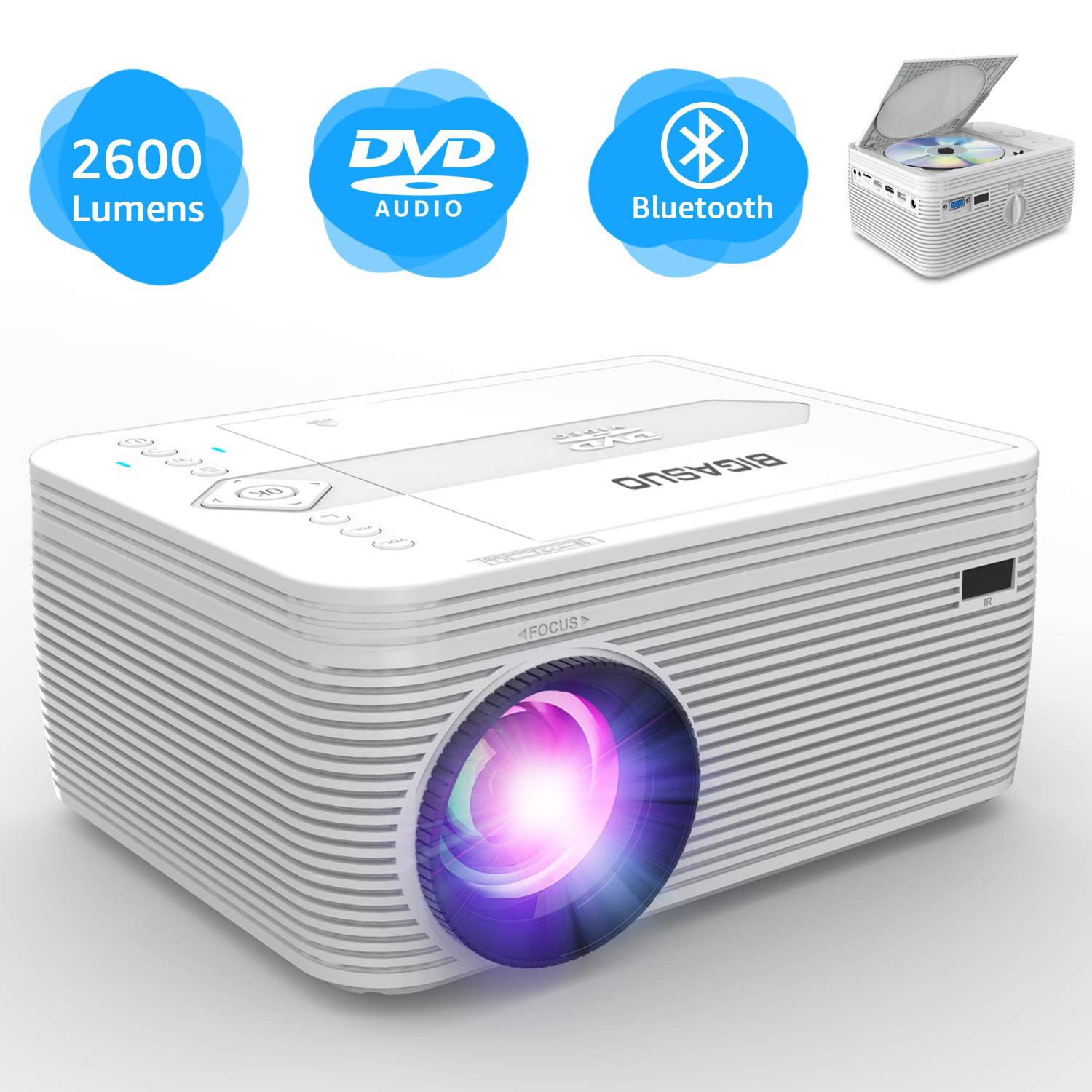 New Projector with DVD Player, Portable Bluetooth Projector 2600 Lumens Built in DVD Player, Mini Projector Compatible with Fire TV Stick, Roku, PS4,