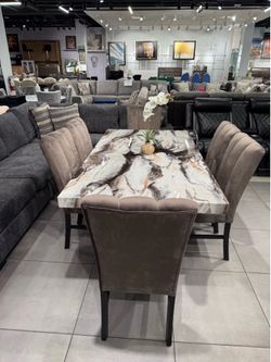 7pc Dining Set Faux Marble Top 🤎 Brown Velvet Chairs