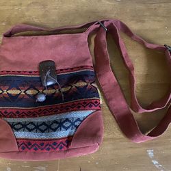 RUKURAY Red Orange Suede Crossbody Shoulder Bag Tribal Design Ecuador 9"x 9.75"