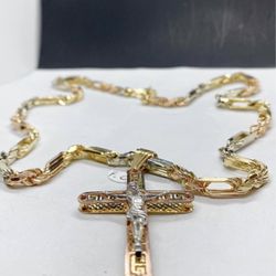 14k solid Gold Fígaro Rope tri colors and Crusifox Cross , Necklance gold pendant