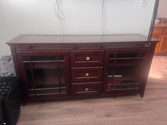 Dark Cherry Wood TV Stand with Glass Doors