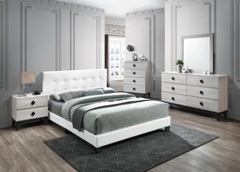 Full size white platform bed with orthopedic mattress