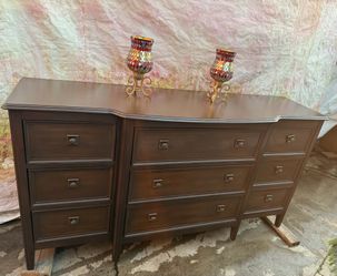 Two Pieces Wooden Dresser Set Including Long Dresser And Big Wooden Nightstand Set Has Been Stained