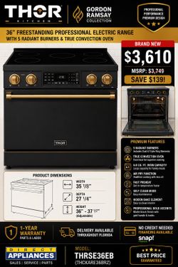THOR THRSE36EB Professional Electric Range 36” Freestanding Professional Electric Range – Matte Black with Gold Accents  💲 Only $3,610 (MSRP $3,749)