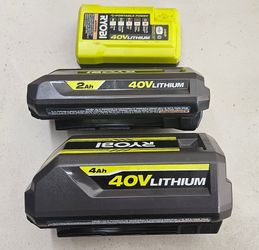 Ryobi 40V 4Ah, 2Ah Battery, and portable power charger.