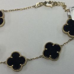 14KYG 7” Clover Black Onyx Design Bracelet 