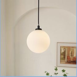 Brand New Mid Century Modern Chandelier, 1- Light Globe Glass Ceiling Hanging Chandelier, Black Pendant Light, White Spherical Blackout Bedside Lamp f