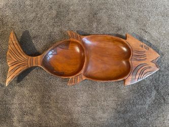 Vintage Monkey Pod Wood Fish Serving Tray - Mid Century Modern