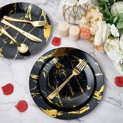 JOLLY PARTY 180PCS Disposable Dinnerware Set 30 Guest 60 Plastic Plates 60 Black and Gold Plastic Plates, 30 Silverware, 30 Plastic Cups, Marble Desig