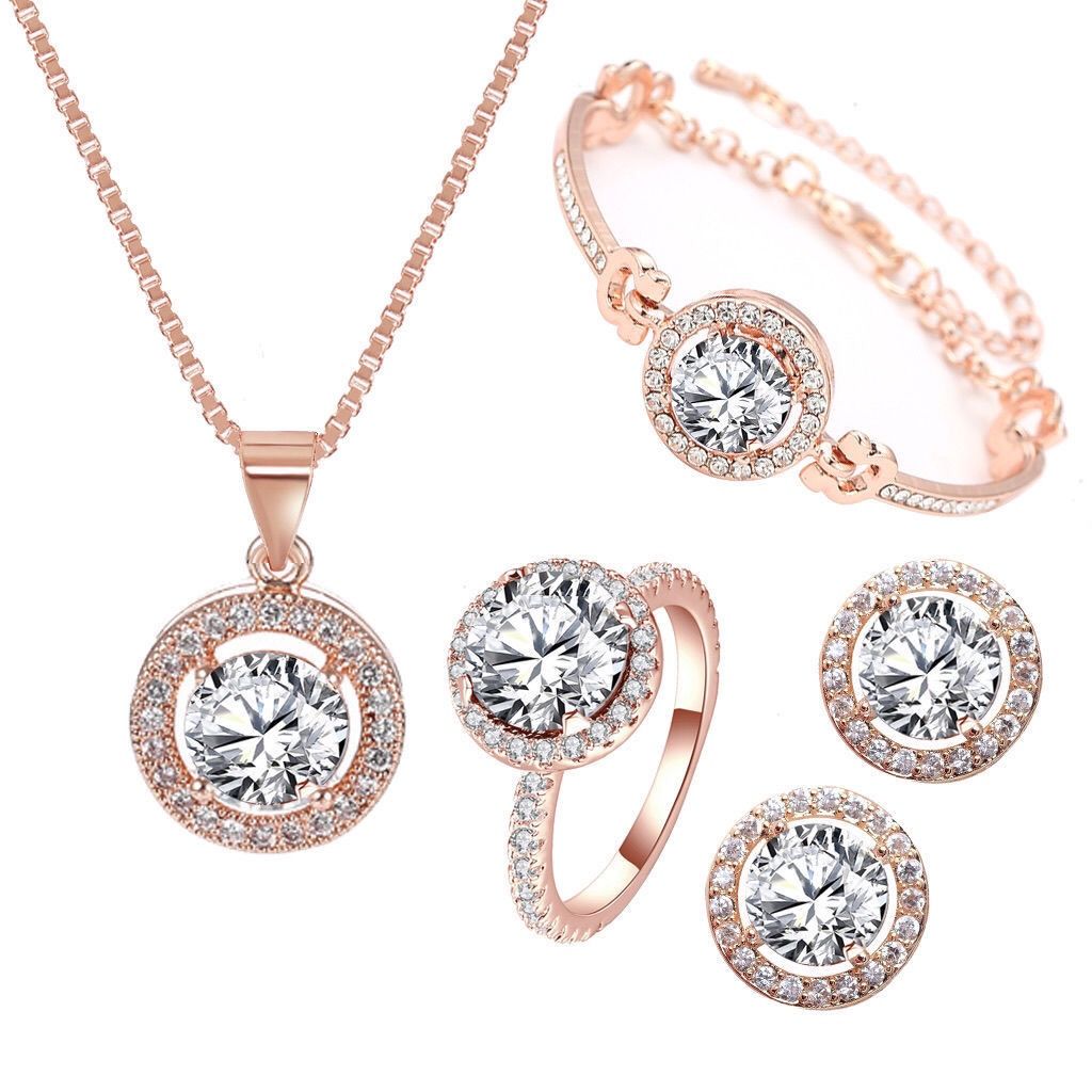 New round diamond necklace bracelet earrings ring set four-piece versatile temperament jewelry girlfriend couple birthday gift