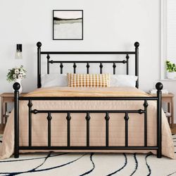 Clearance Queen Bed Frame, Metal Platform Bed with Vintage Headboard & No Box Sp