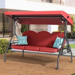 3 Seat Outdoor Porch Patio Swing with Stand 800lbs 2-in-1(Wine Red, Round Tube) $ 120