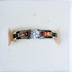Rainbow Simulated Stones Silver Tone Ring 