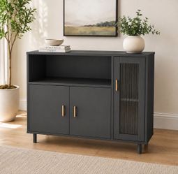 Modern Sideboard Buffet Credenza Multifunctional Storage Cabinet w/ Glass Door Gray