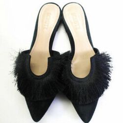 Schutz Black Leather Silk Fringe Pointed Toe Lounge Flats