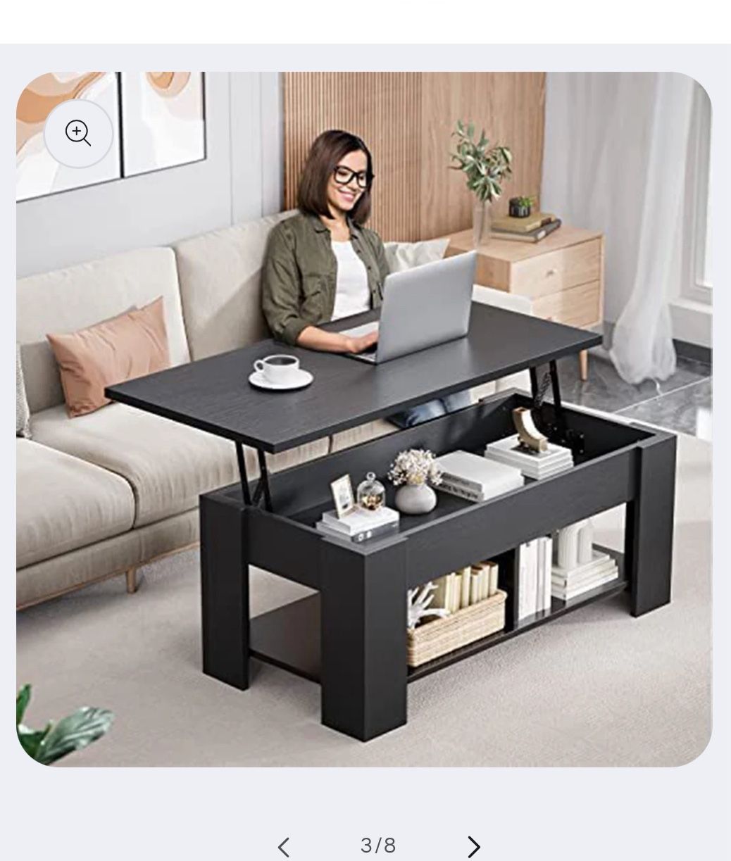 Coffee Table Lift Top with Storage Compartment and Separated Open Shelves (Black)
