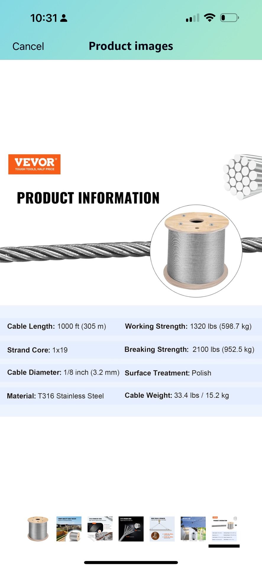 1000' 1/8 1x19 Strand Black Oxide T316 Stainless Steel Cable Best