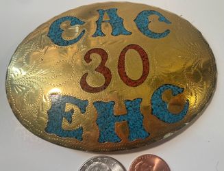 Vintage Metal Belt Buckle, CAC 30 EHC, Brass and Red and Blue Crushed Turquoise Stones, 4" x 3", Cowboy Style, Heavy Duty, Quality, Thick Metal