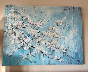 Large Signed Floral Canvas Painting – Blue & White – 47” × 35.5”
