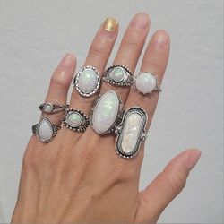 A set of 8 silver and white stone rings for women band gift