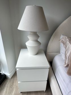 IKEA MALM 2-drawer bedside tables + modern bedside lamps