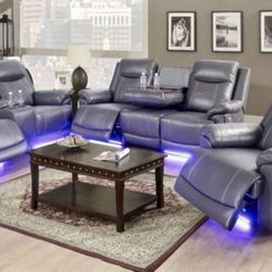 Power Electric Grey Leather Fully Reclining Couch Set 