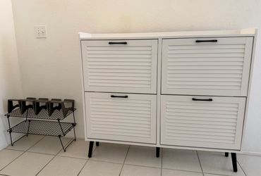 Large 4-Tier Shoe Cabinet & Metal Tiered Shoe Rack Bundle (White)