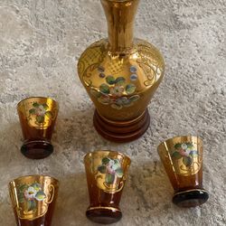 Vintage Gilded Gold Cranberry Glass Decanter Lot 