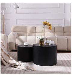 18.9" Black Nesting Coffee Table Set of 2, Modern Black Round Coffee Tables Circle Side Table for Small Space, Accent End Table Set, No Assembling, Ma