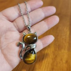 LIKE NEW Cat With Natural Tiger Eye Stone Silvertone Adjustaable 21"-23" Necklace (SE San Diego)