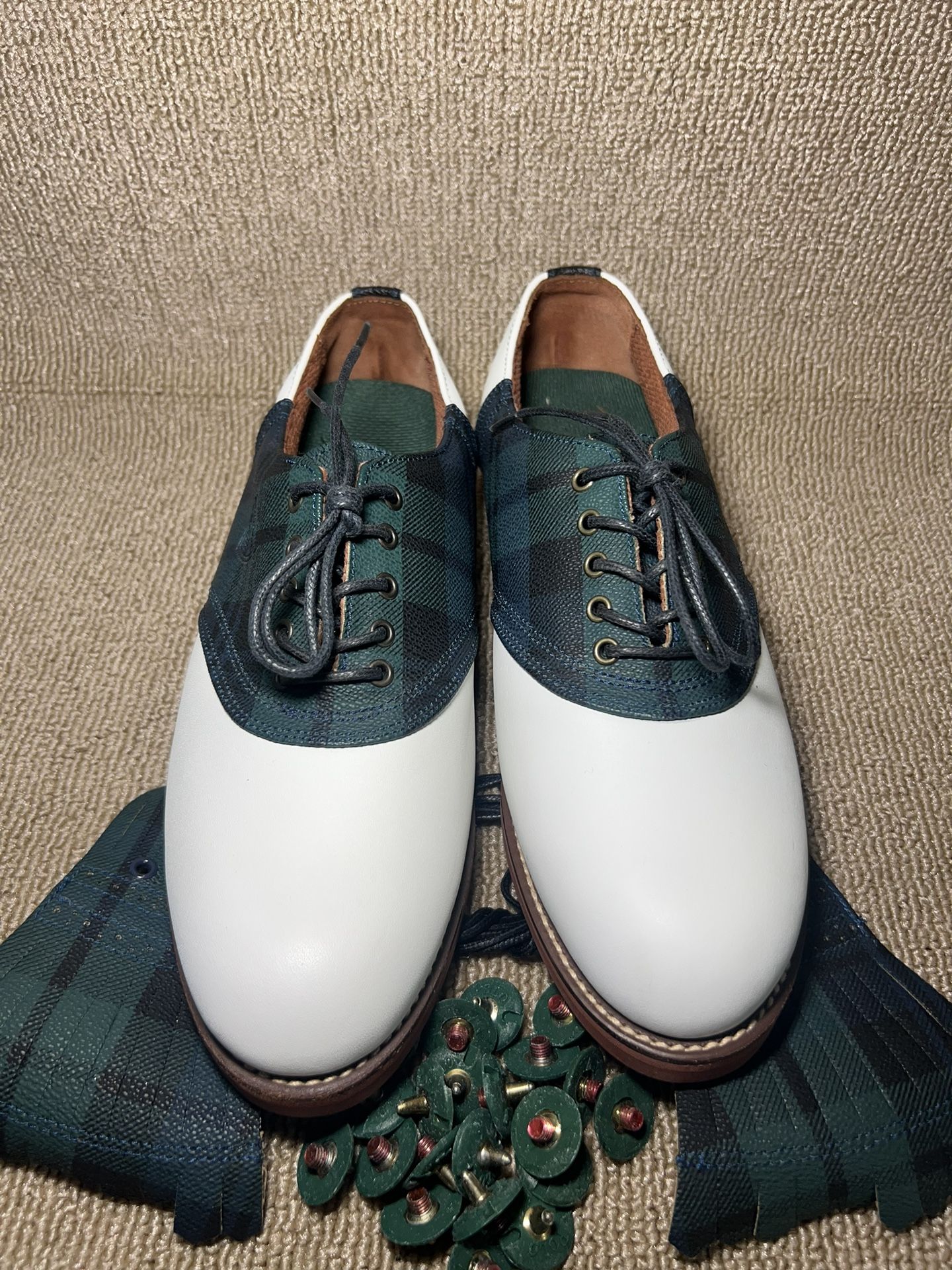 Polo Ralph Lauren Golf Shoes White Leather Green Tartan Plaid Saddle 6.5 LikeNew Polo Ralph Lauren golf white leather green | Mercari main image 4