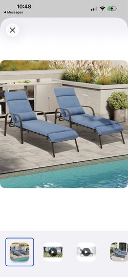 Set of 2 Brown Metal Frame Stationary Chaise Lounge Chair with Navy Cushioned Seat