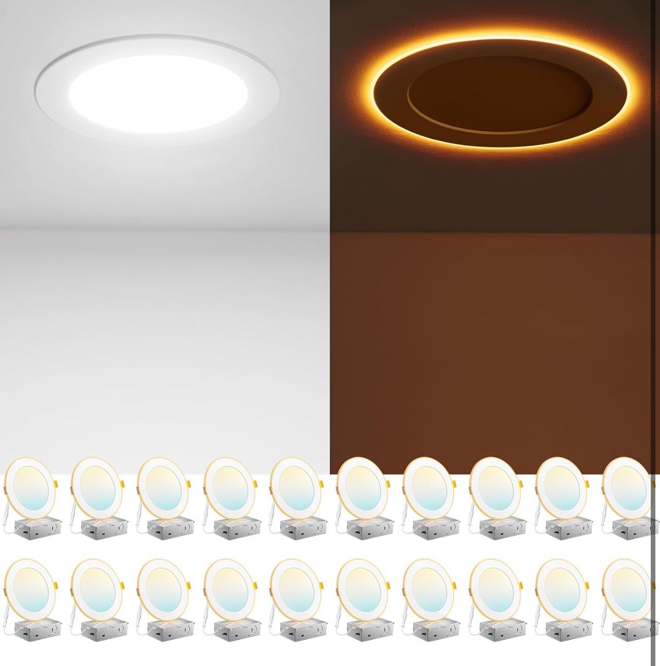 Amico 20 Pack 6 Inch 5CCT LED Recessed Ceiling Light with Night Light, 2700K/3000K/3500K/4000K/5000K Selectable Ultra-Thin Recessed Lighting, 12W=110W