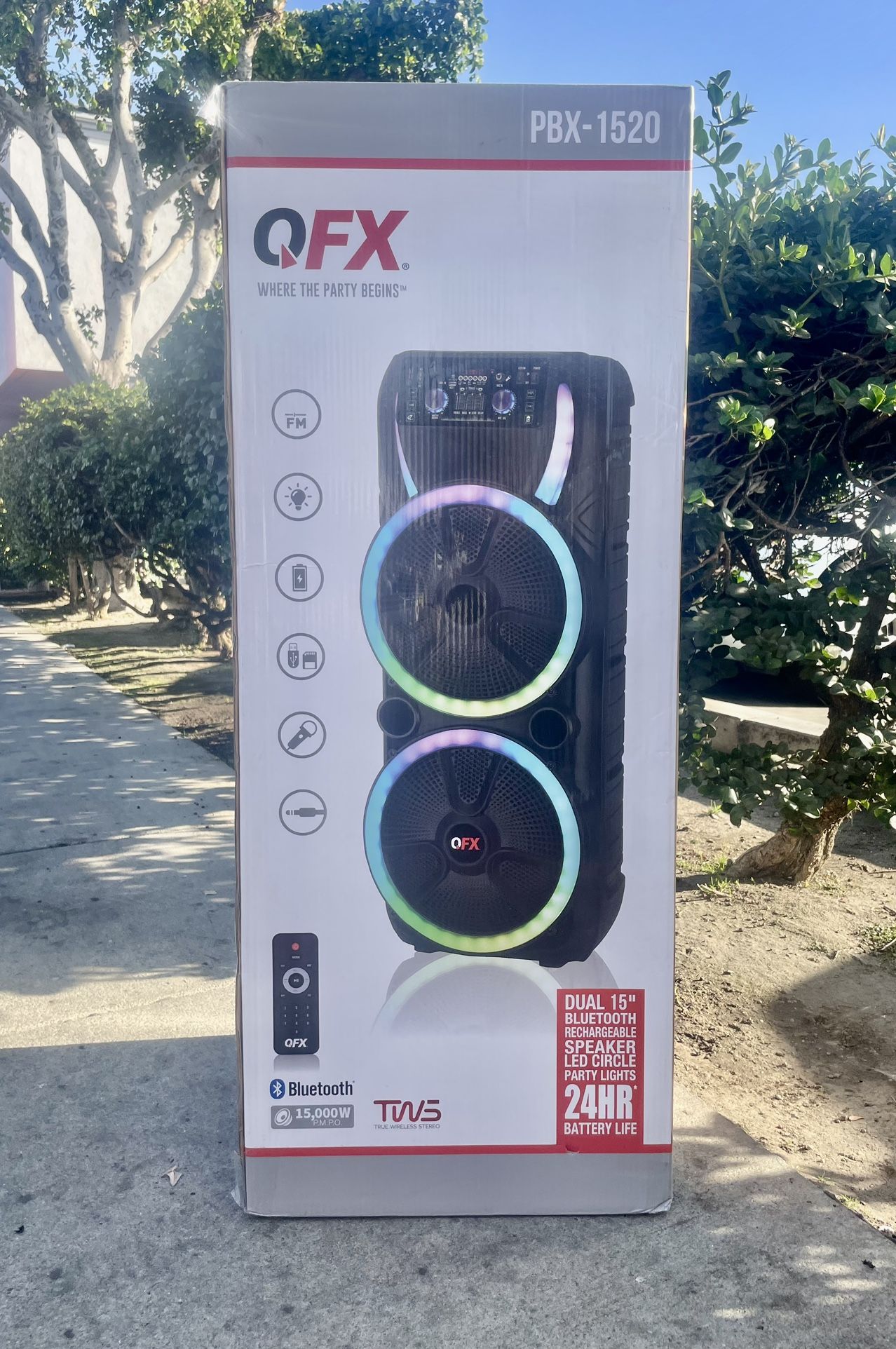 QFX Dual 15" Bluetooth rechargeable speaker two way loudspeaker With Two Wireless Microphones And lED Lights 🎶🎶