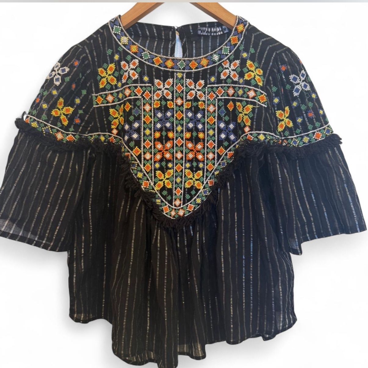 Zara Embroidered Boho Tassel Black Blouse Top Shirt Cotton Small